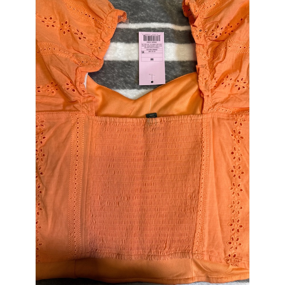 Wild Fable Orange Eyelet Puff Sleeve Crop Top Sweetheart Neck Smocked Back M NEW - Picture 7 of 8